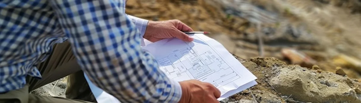 Architekt badający projekt na placu budowy