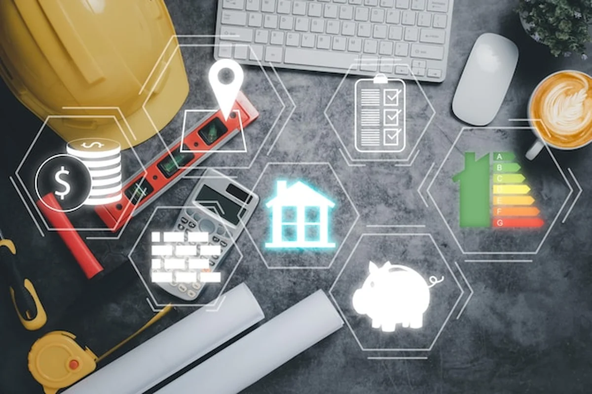 Schemat koncepcyjny domu z parametrami ceny i lokalizacją