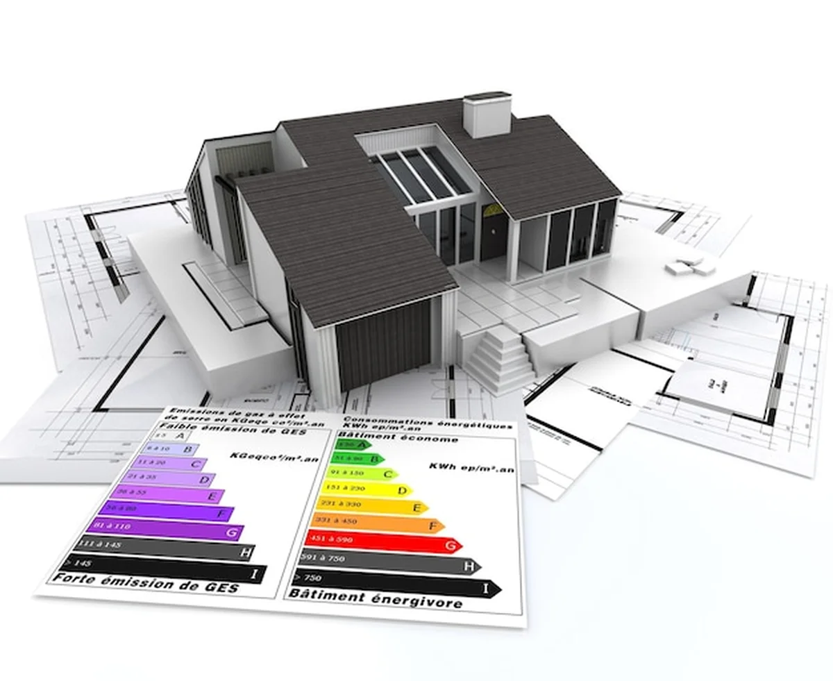 Renderowanie 3D domu na planach z tabelą oceny efektywności energetycznej