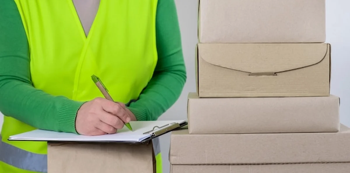 Pracownica w zielonej kamizelce przy wielu pudełkach z pustym zamówieniem