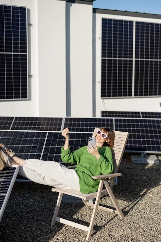 Szczęśliwa kobieta na dachu ze stacją słoneczną