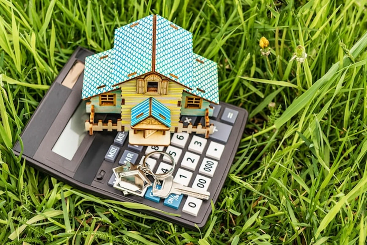 Układ domu z kalkulatorem na kwitnącej łące