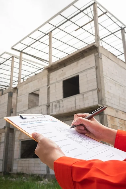 Architekt lub inżynier sprawdza listę kontroli jakości budynku